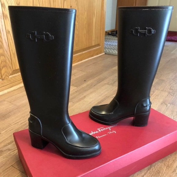 Salvatore Ferragamo Wellington boots heeled rain boots tall boots monogram - Picture 3 of 6